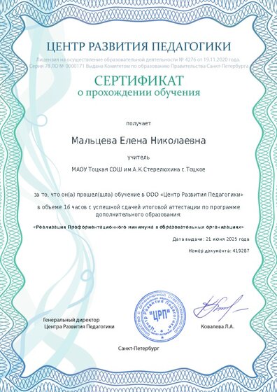 Сертификат о прохождении обучения курсов ДО