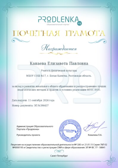 Почетная грамота за вклад в развитие начального общего образования в условиях реализации ФГОС