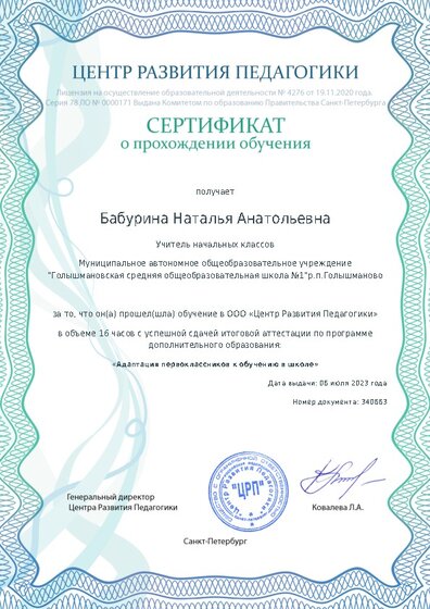 Сертификат о прохождении обучения курсов ДО