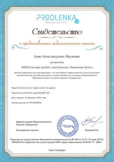 Свидетельство о представлении педагогического опыта (с положительной оценкой экспертной комиссии)