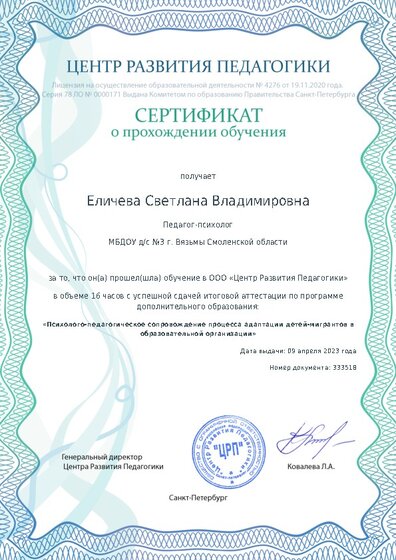 Сертификат о прохождении обучения курсов ДО