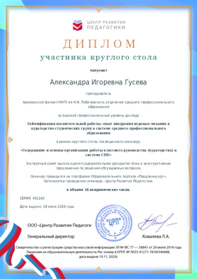 Диплом участника круглого стола