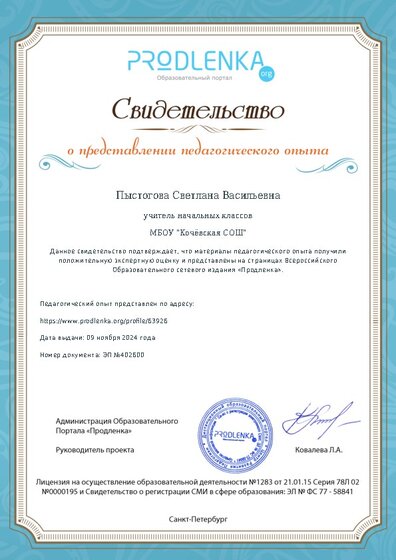 Свидетельство о представлении педагогического опыта (с положительной оценкой экспертной комиссии)