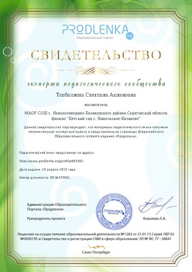 Свидетельство о представлении педагогического опыта (с положительной оценкой экспертной комиссии)