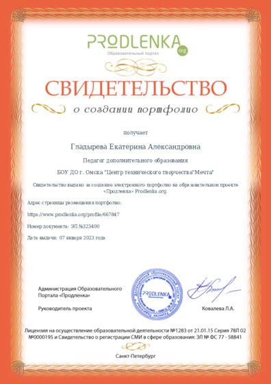 Свидетельство о создании электронного портфолио педагога