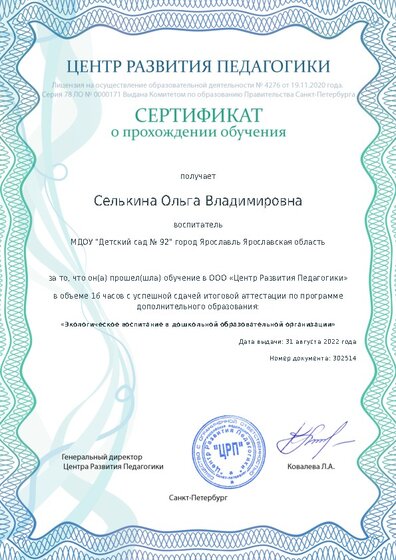 Сертификат о прохождении обучения курсов ДО