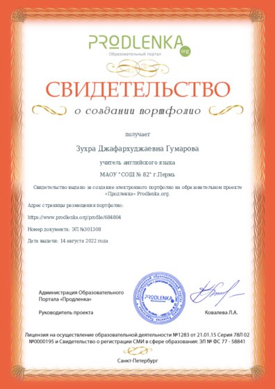 Свидетельство о создании электронного портфолио педагога