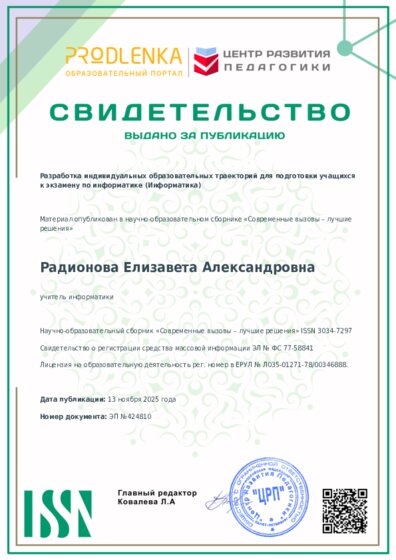 Свидетельство о публикации в сборнике