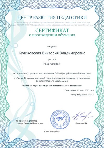 Сертификат о прохождении обучения курсов ДО