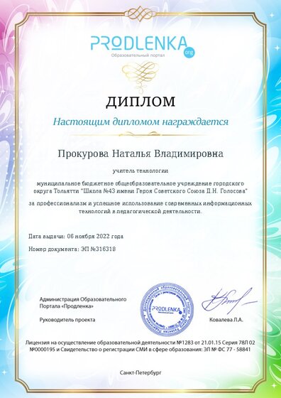 Диплом за успешное использование современных информационных образовательных технологий