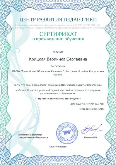 Сертификат о прохождении обучения курсов ДО
