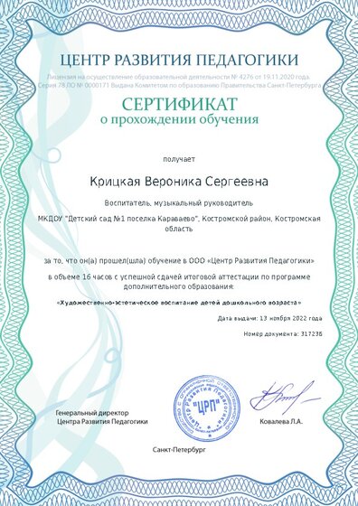 Сертификат о прохождении обучения курсов ДО