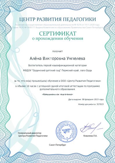 Сертификат о прохождении обучения курсов ДО