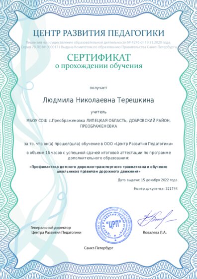 Сертификат о прохождении обучения курсов ДО