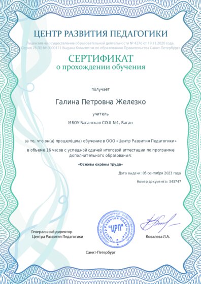 Сертификат о прохождении обучения курсов ДО