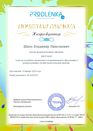 Почетная грамота за вклад в развитие специального (коррекционного) образования