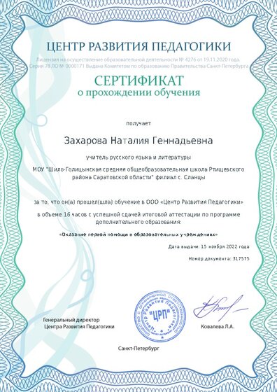 Сертификат о прохождении обучения курсов ДО