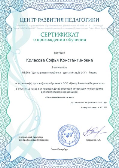 Сертификат о прохождении обучения курсов ДО