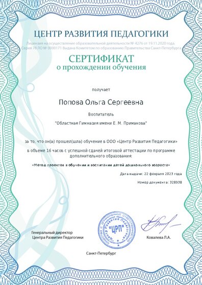 Сертификат о прохождении обучения курсов ДО