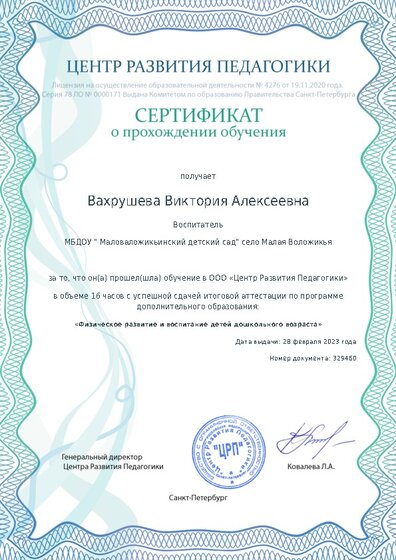 Сертификат о прохождении обучения курсов ДО