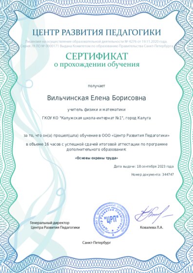 Сертификат о прохождении обучения курсов ДО
