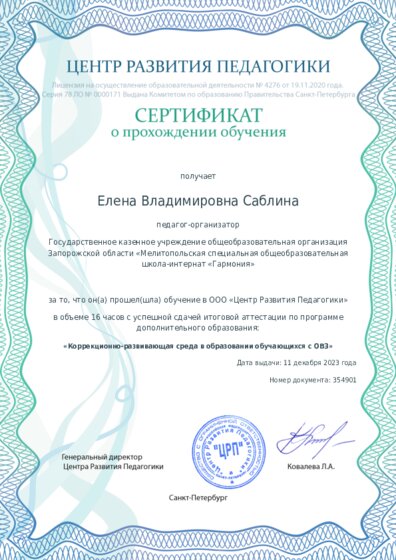 Сертификат о прохождении обучения курсов ДО
