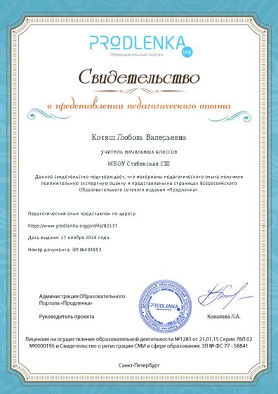 Свидетельство о представлении педагогического опыта (с положительной оценкой экспертной комиссии)