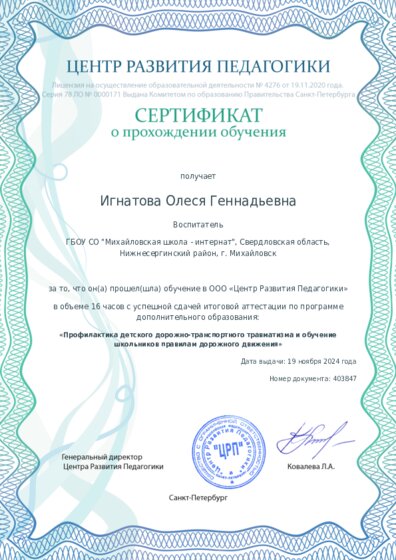 Сертификат о прохождении обучения курсов ДО