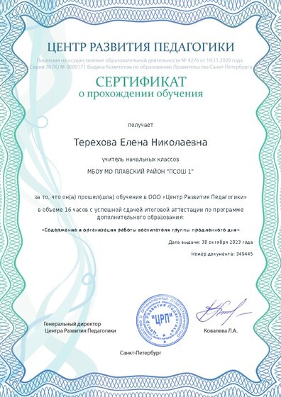 Сертификат о прохождении обучения курсов ДО