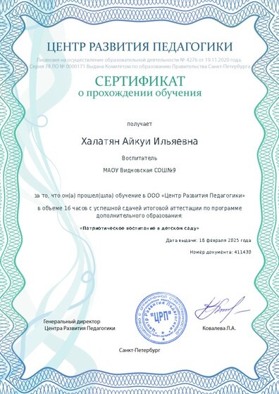 Сертификат о прохождении обучения курсов ДО