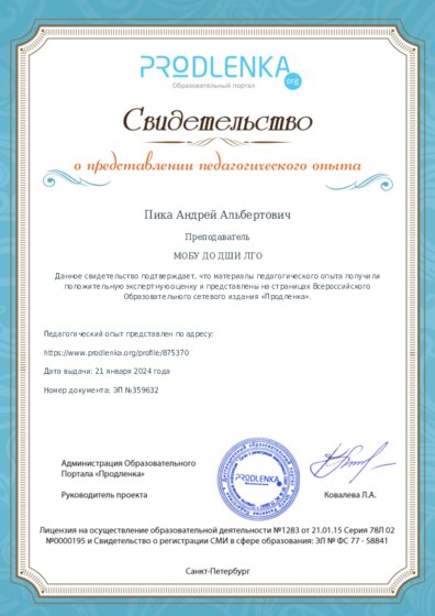 Свидетельство о представлении педагогического опыта (с положительной оценкой экспертной комиссии)