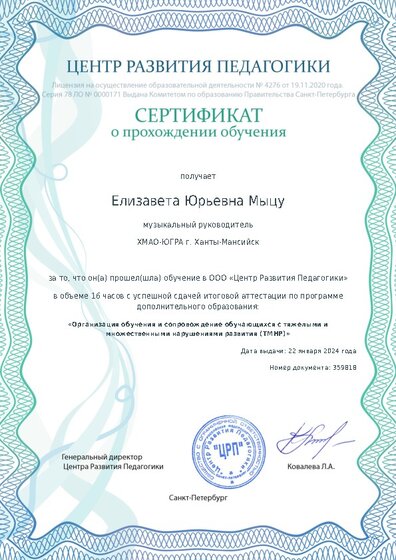 Сертификат о прохождении обучения курсов ДО