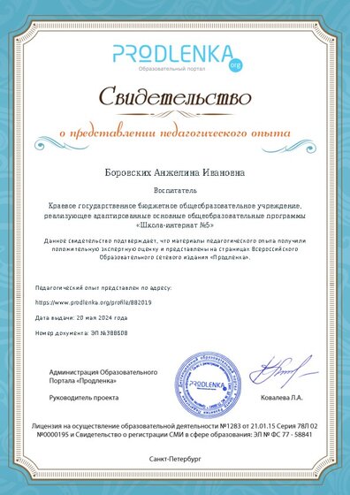 Свидетельство о представлении педагогического опыта (с положительной оценкой экспертной комиссии)