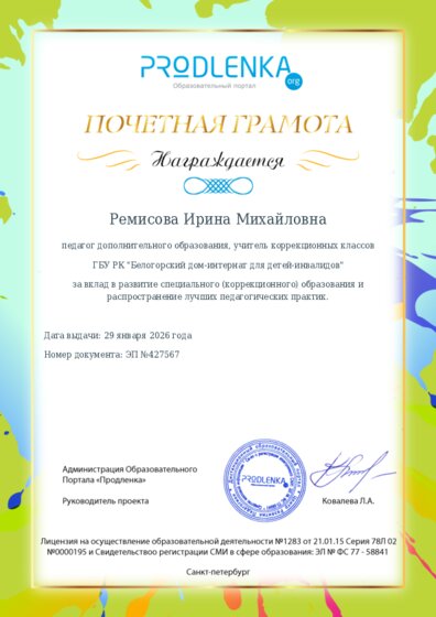 Почетная грамота за вклад в развитие специального (коррекционного) образования
