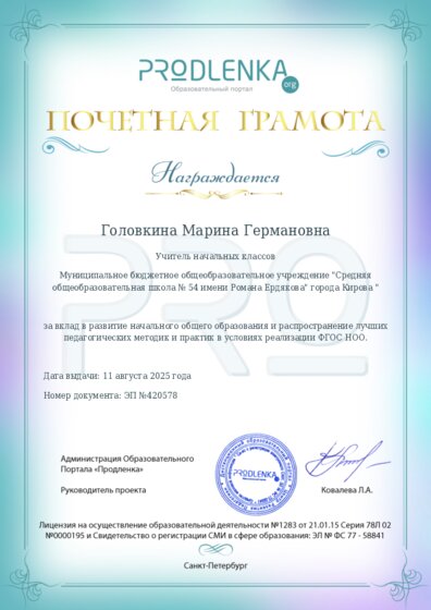 Почетная грамота за вклад в развитие начального общего образования в условиях реализации ФГОС