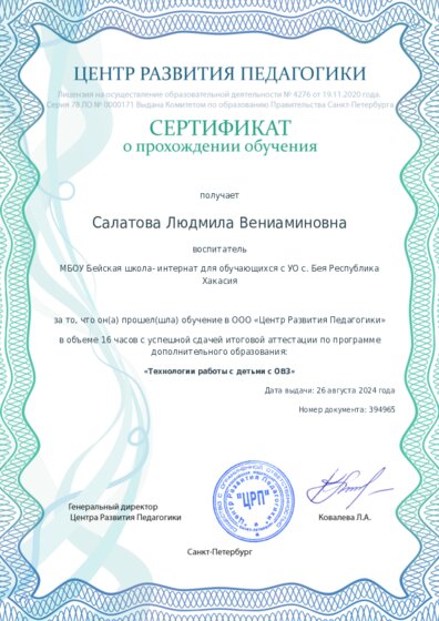 Сертификат о прохождении обучения курсов ДО