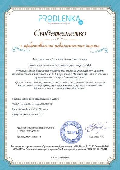 Свидетельство о представлении педагогического опыта (с положительной оценкой экспертной комиссии)