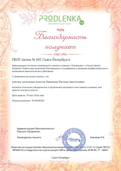 Благодарность руководству образовательного учреждения за поддержку и развитие профессионального потенциала педагогического работника