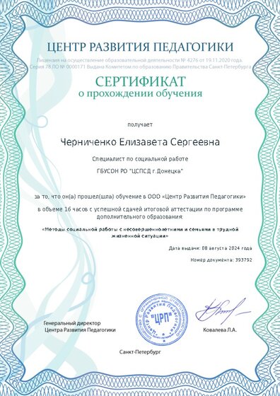 Сертификат о прохождении обучения курсов ДО