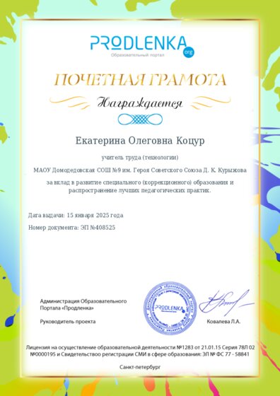 Почетная грамота за вклад в развитие специального (коррекционного) образования