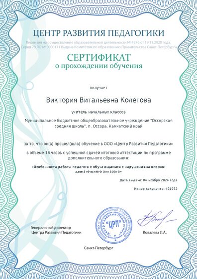 Сертификат о прохождении обучения курсов ДО