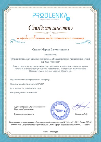Свидетельство о представлении педагогического опыта (с положительной оценкой экспертной комиссии)