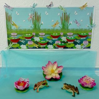 Оформление стенда по декоративно прикладному творчеству  - выставка коллективной работы младшей группы "Капитошки" по аппликации "Весёлое болото".