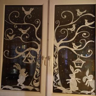 Новогодние оформление окон "Зайцы в сказочном лесу"