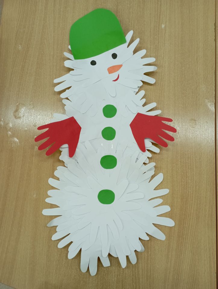 Коллективная аппликация "Весёлый снеговичок из бумажных ручек"