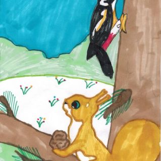 Белка помогает дятлу