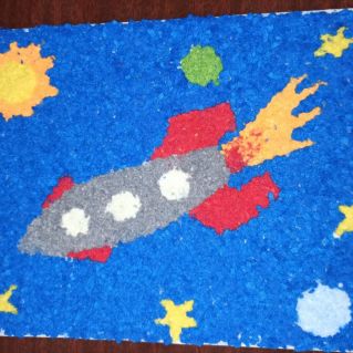 Апликация из резаных ниток и клея "Космический полëт"