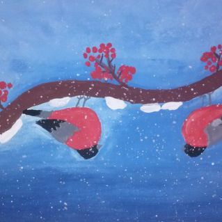 Снегири  на ветке.