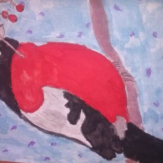 Снегирь с веточкой рябины.