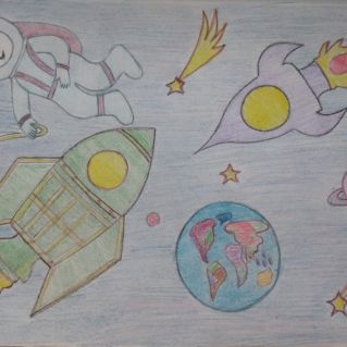 Рисунок карандашами "Прорыв к звёздам".